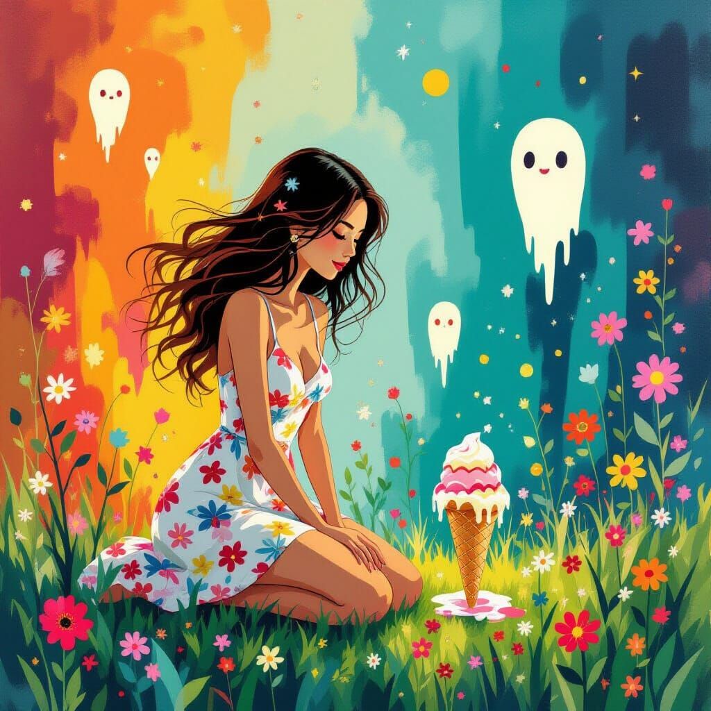 Dreamlike Ice Cream Scene with Folklore Creatures