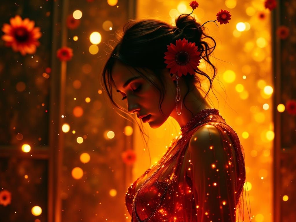 Cyberpunk Woman in Glowing Amber Dress