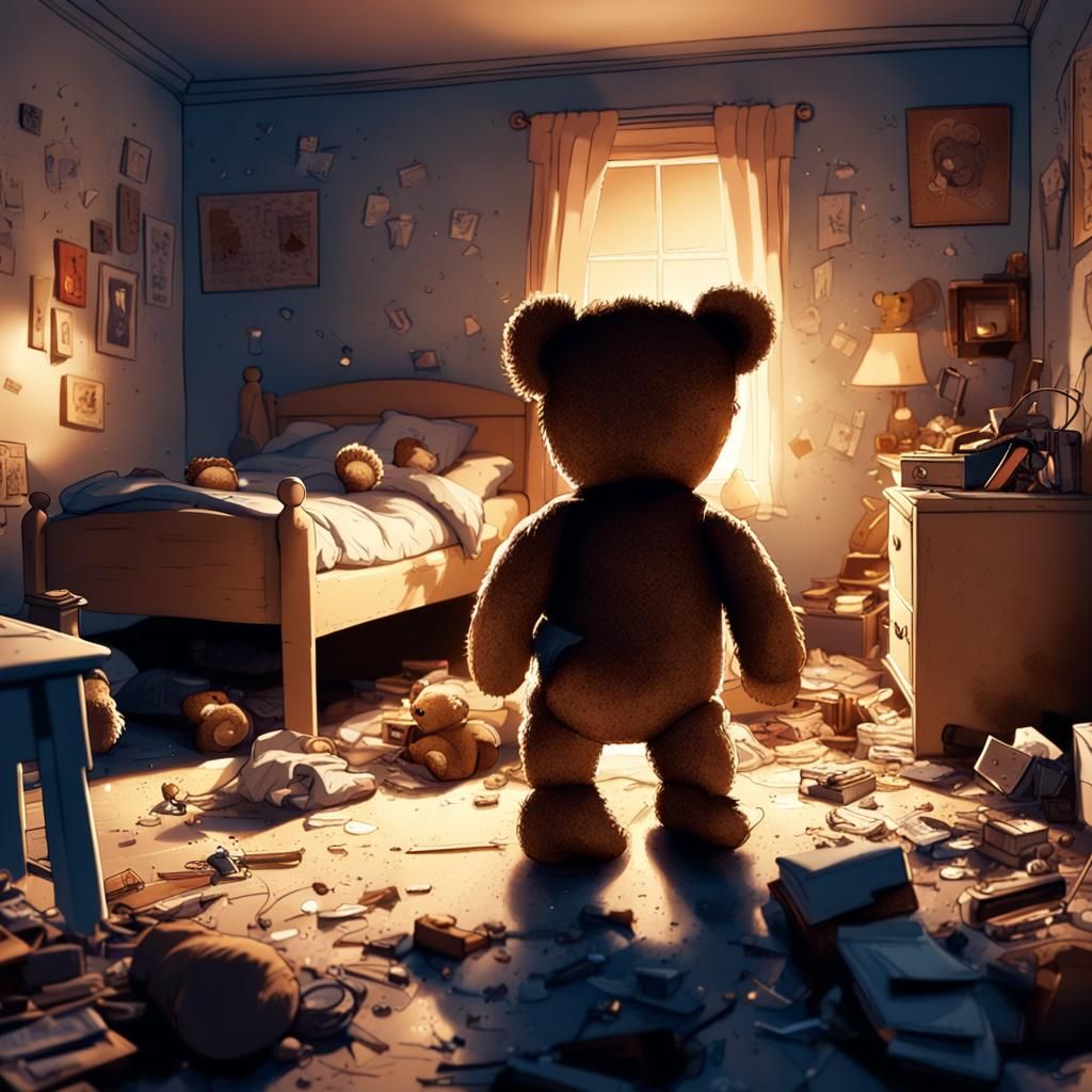 Teddy Bear's Nighttime Adventure in Messy Bedroom