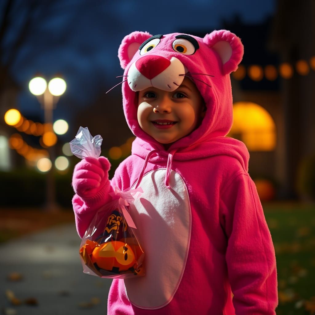 Cute Boy in Pink Panther Costume Trick-or-Treating