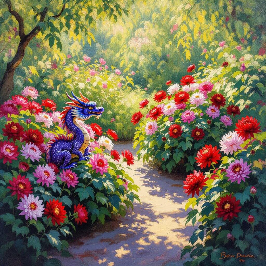 Dragon in Chrysanthemum Garden: Impressionist Dreamscape