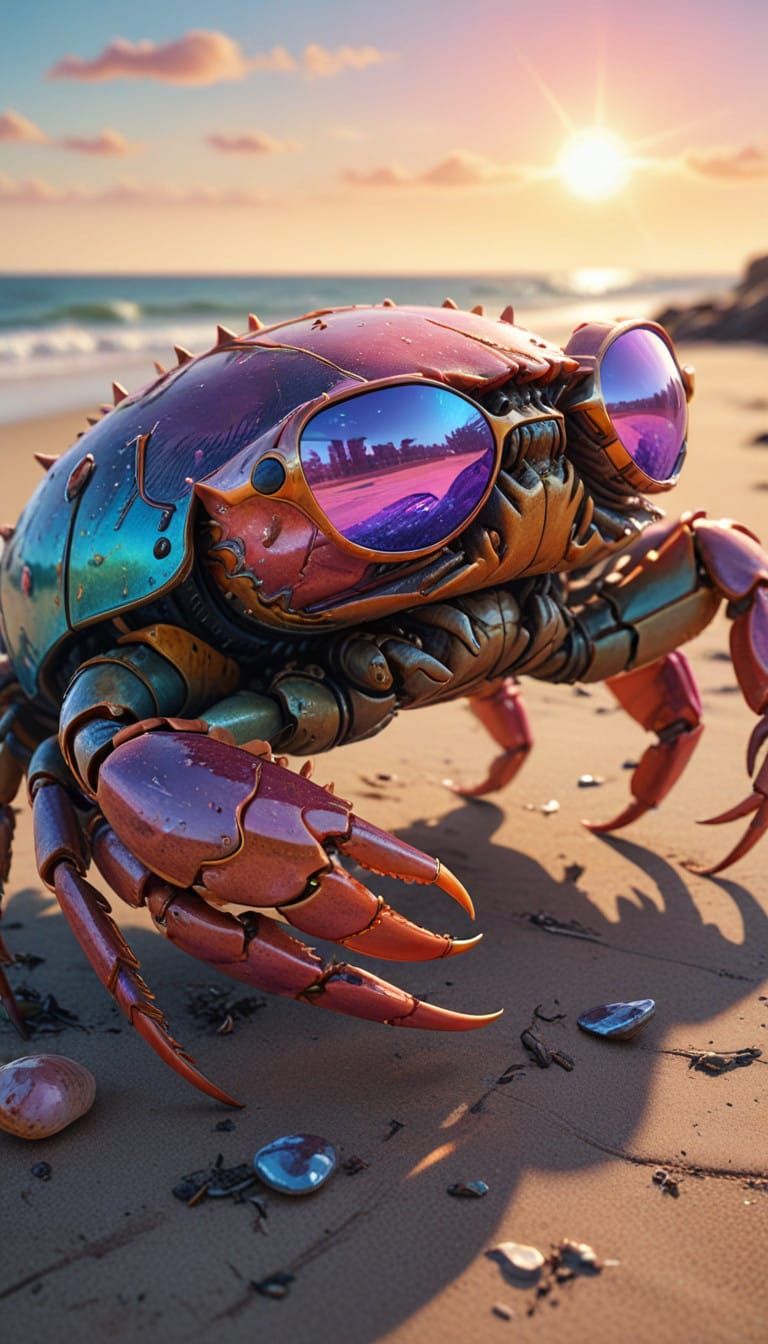 Glowing Crab in Urban Beach Scene with Mobile Phone and Sung...