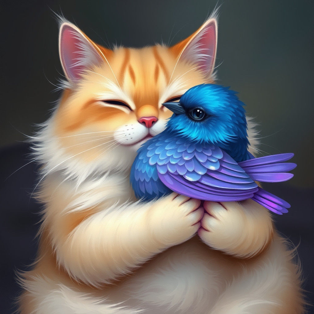 Cat Cradling Iridescent Nightingale in Dreamlike Scene