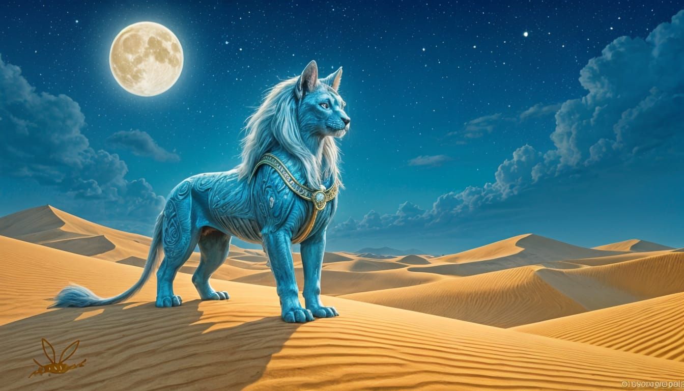 Mystical Starlight Sphinx in Desert, Art Nouveau Style