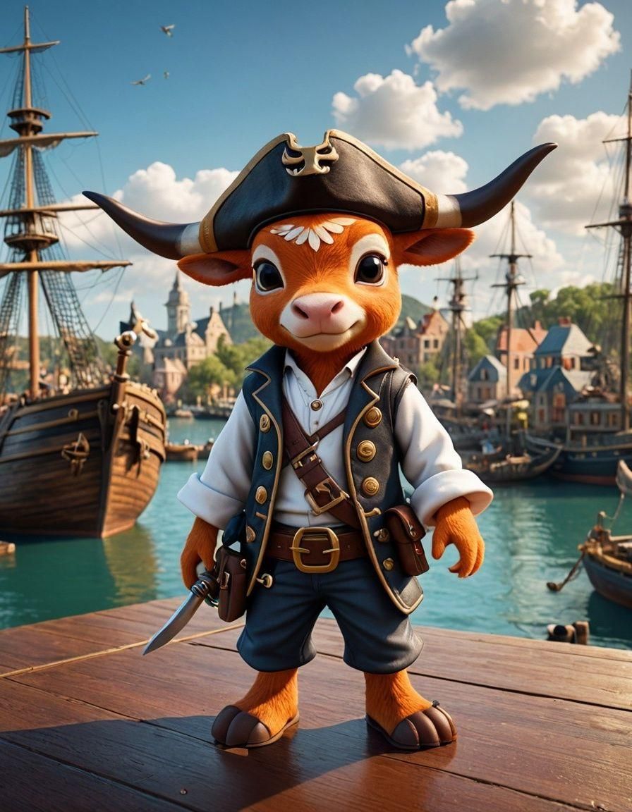 Longhorn Mascot as Pirate in Harbor Scene
