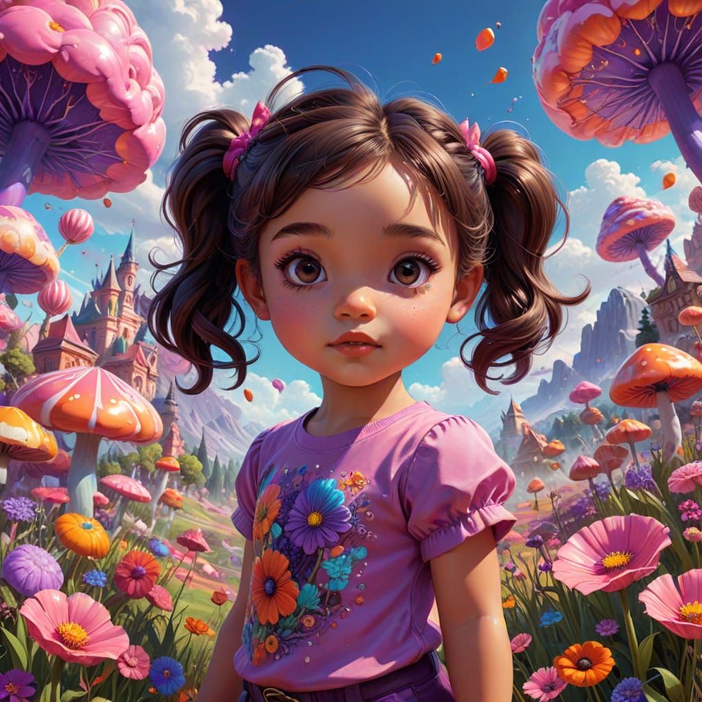 Hispanic Toddler Girl in Psychedelic Chibi Style