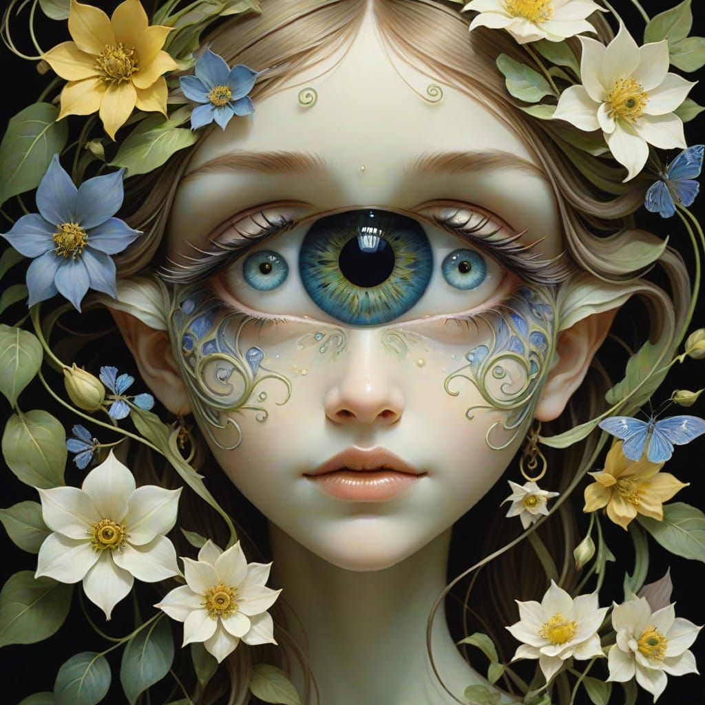 Whimsical Garden of Watchful Blooms in Vibrant Dreamlike Sty...