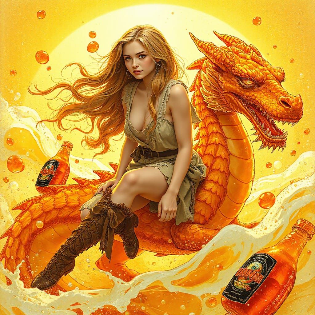 Bohemian Woman on Gummy Dragon in Soda Sea