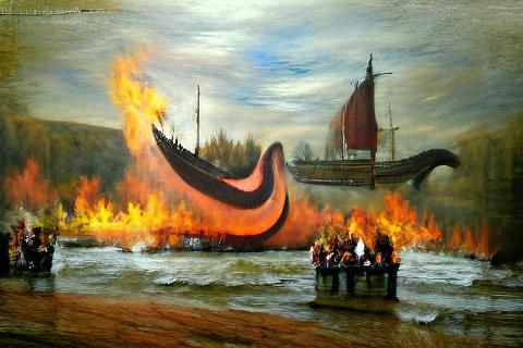 Burning Viking Ship: Renaissance Oil Painting