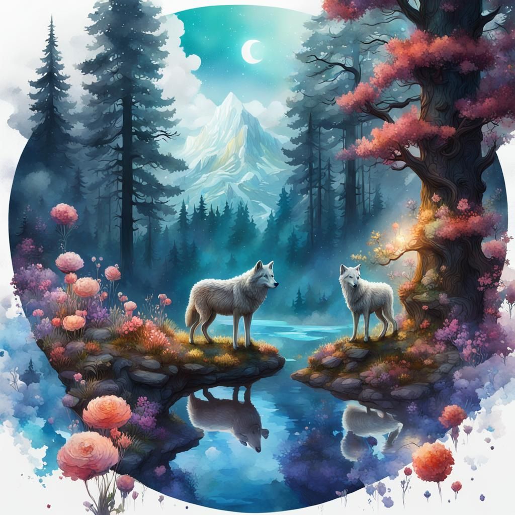 Wolf and Lamb Double Exposure Watercolor Painting