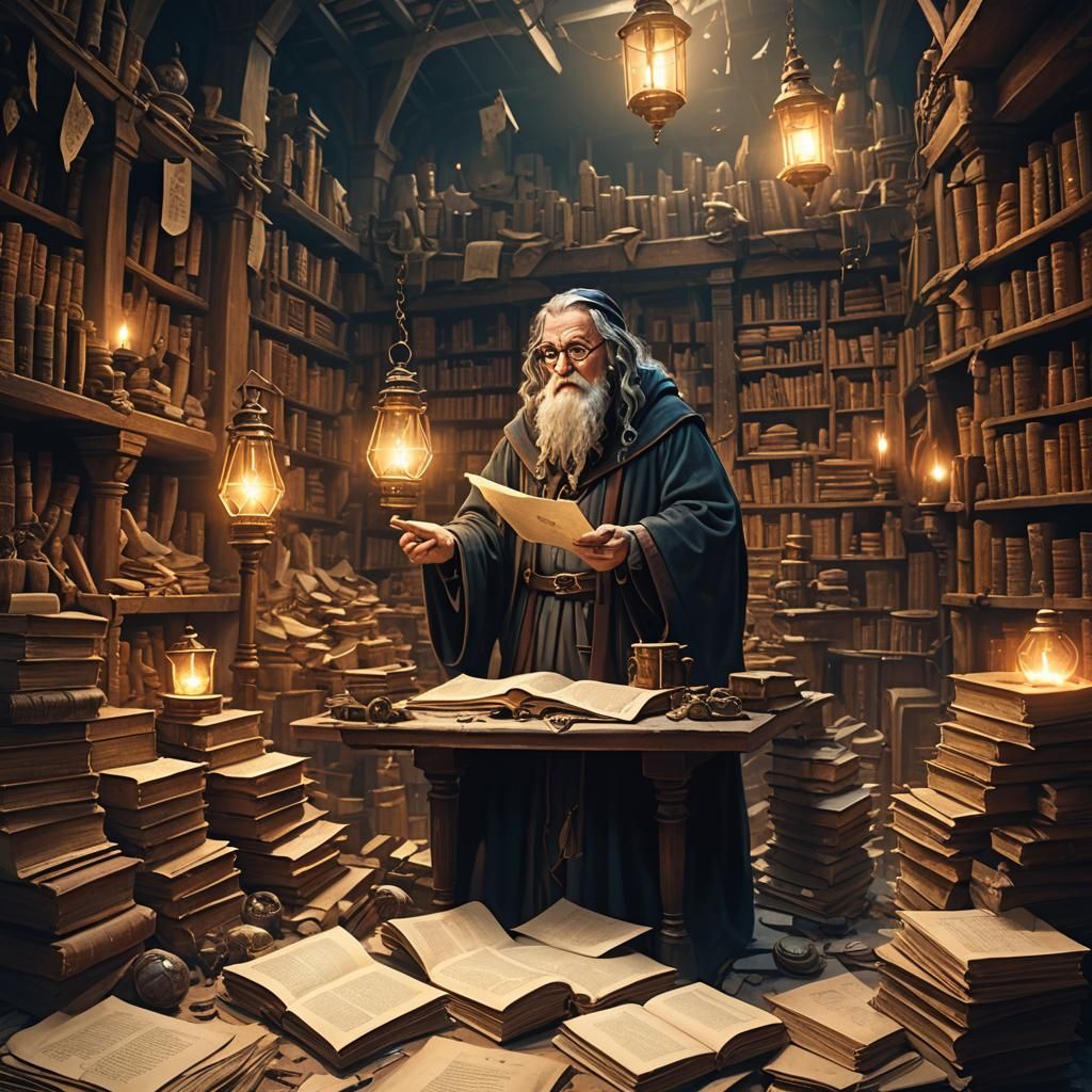 Wizard in Dimly Lit Study Holding Parchment