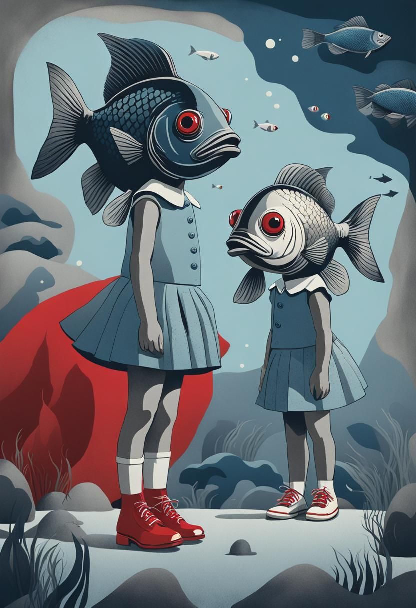 Children with Fish Heads in Surreal Illustration
