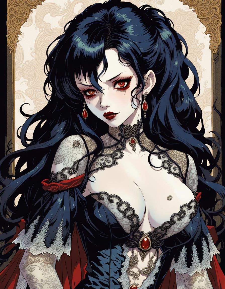 1980’ anime video game by Katsuya Terada, an attractive curvy Gothic vampire possessing porcelain skin framed by flowing...