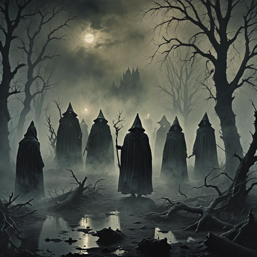 Eerie Witch Gathering in Dark Fantasy Watercolor Style