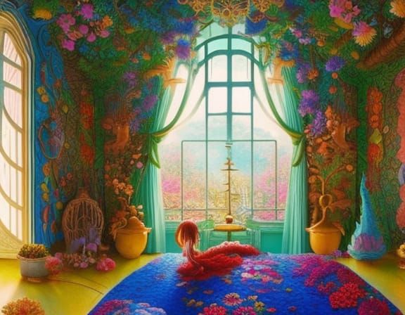 Maximalist Room with Birds and Flowers in Anime Style