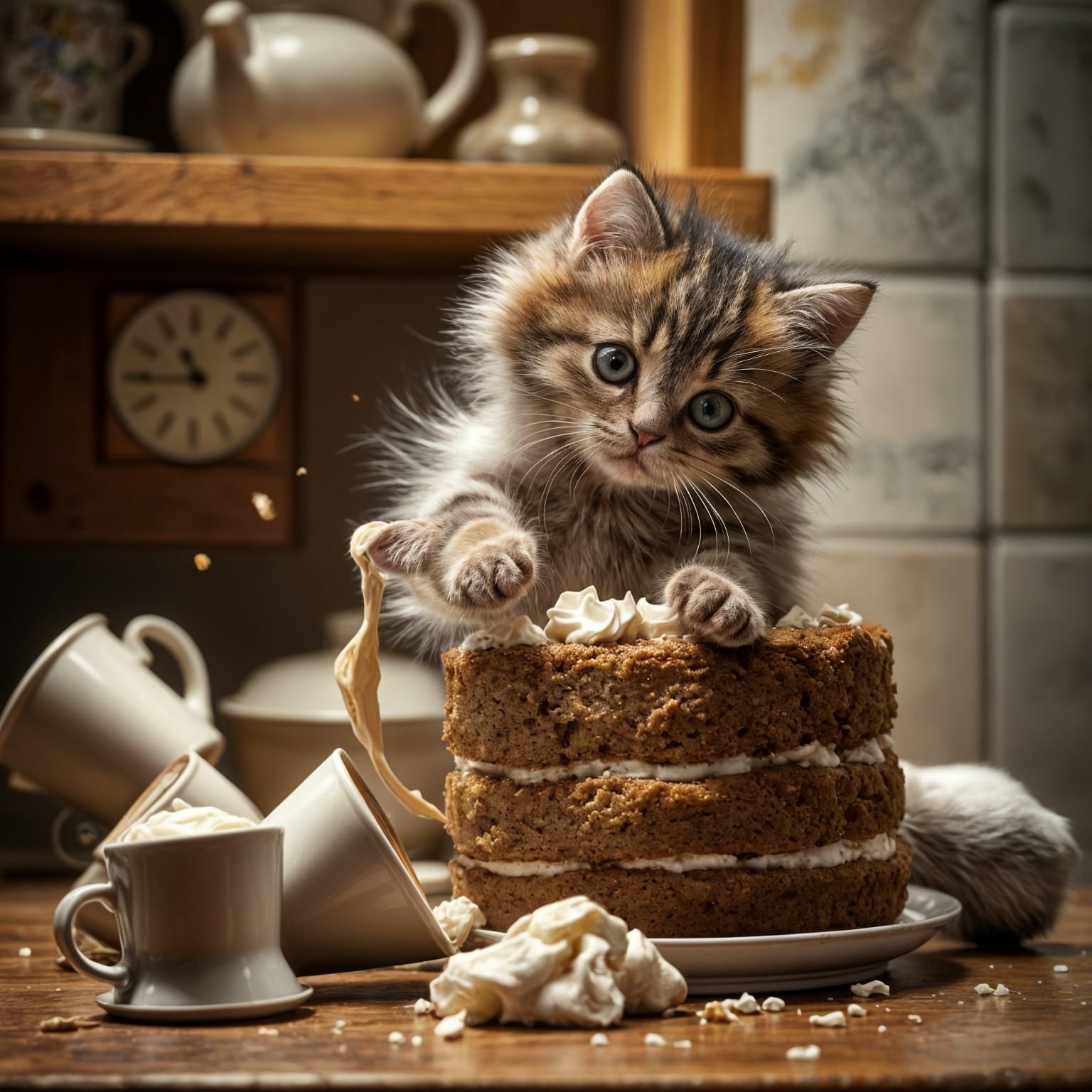 Cute Kitten Falls Into Cream Cake