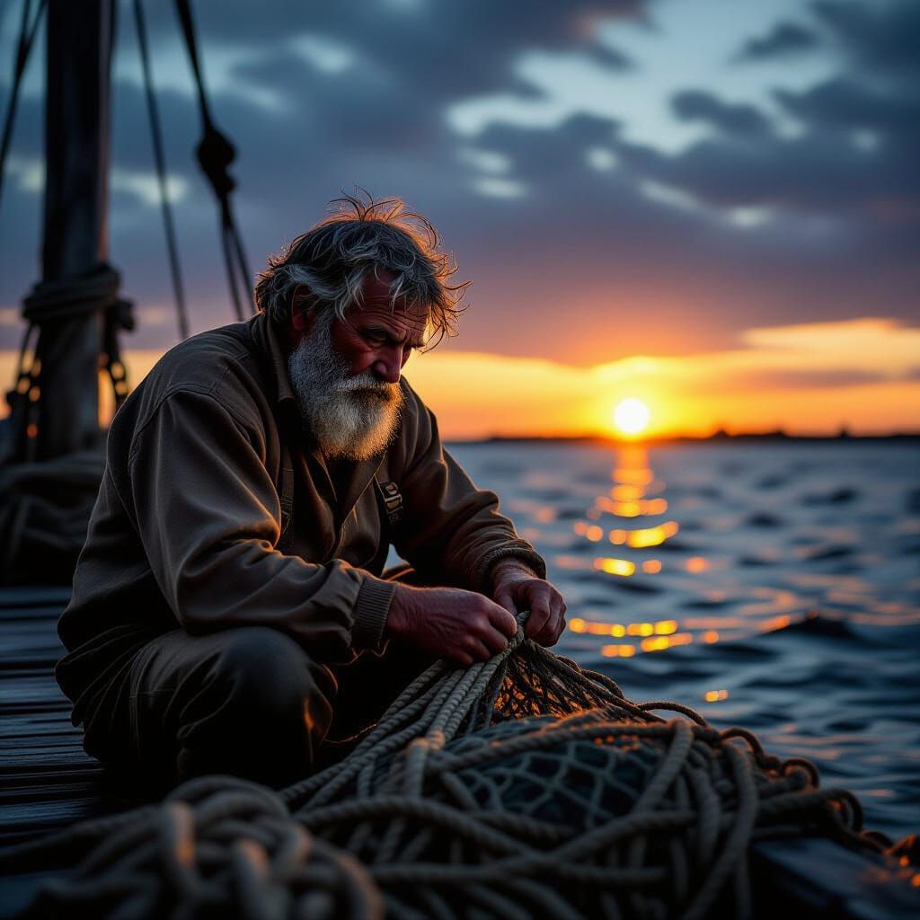 Weathered Fisherman Mending Nets at Sunset