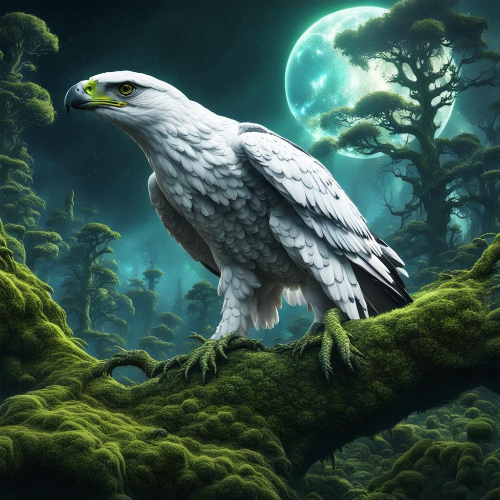 Galactic Hawk in Mossy Forest: Fantasy Concept Art