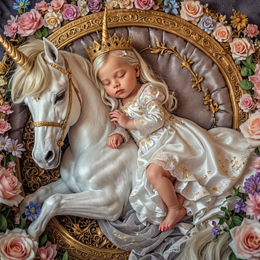 Baby Princess Dreams with Magical Unicorn: Hyperrealistic