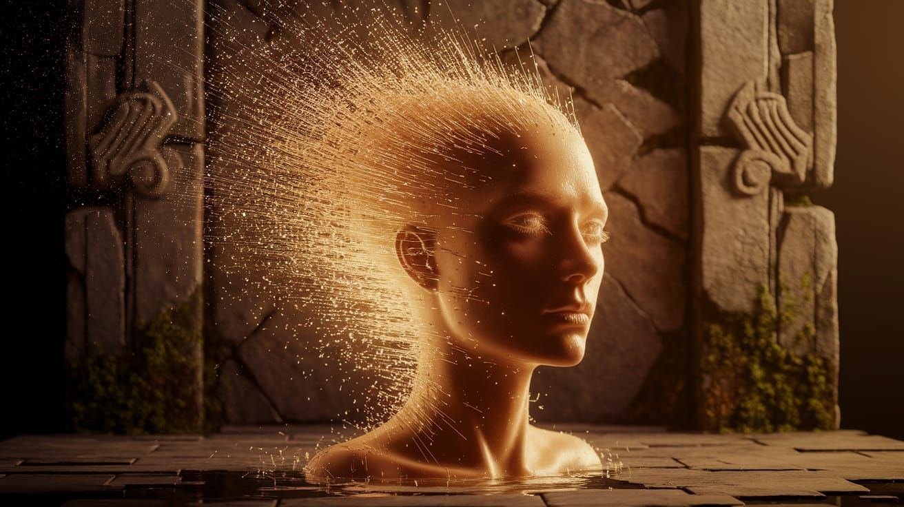 Face Melting into Digital Static as Matte Painting