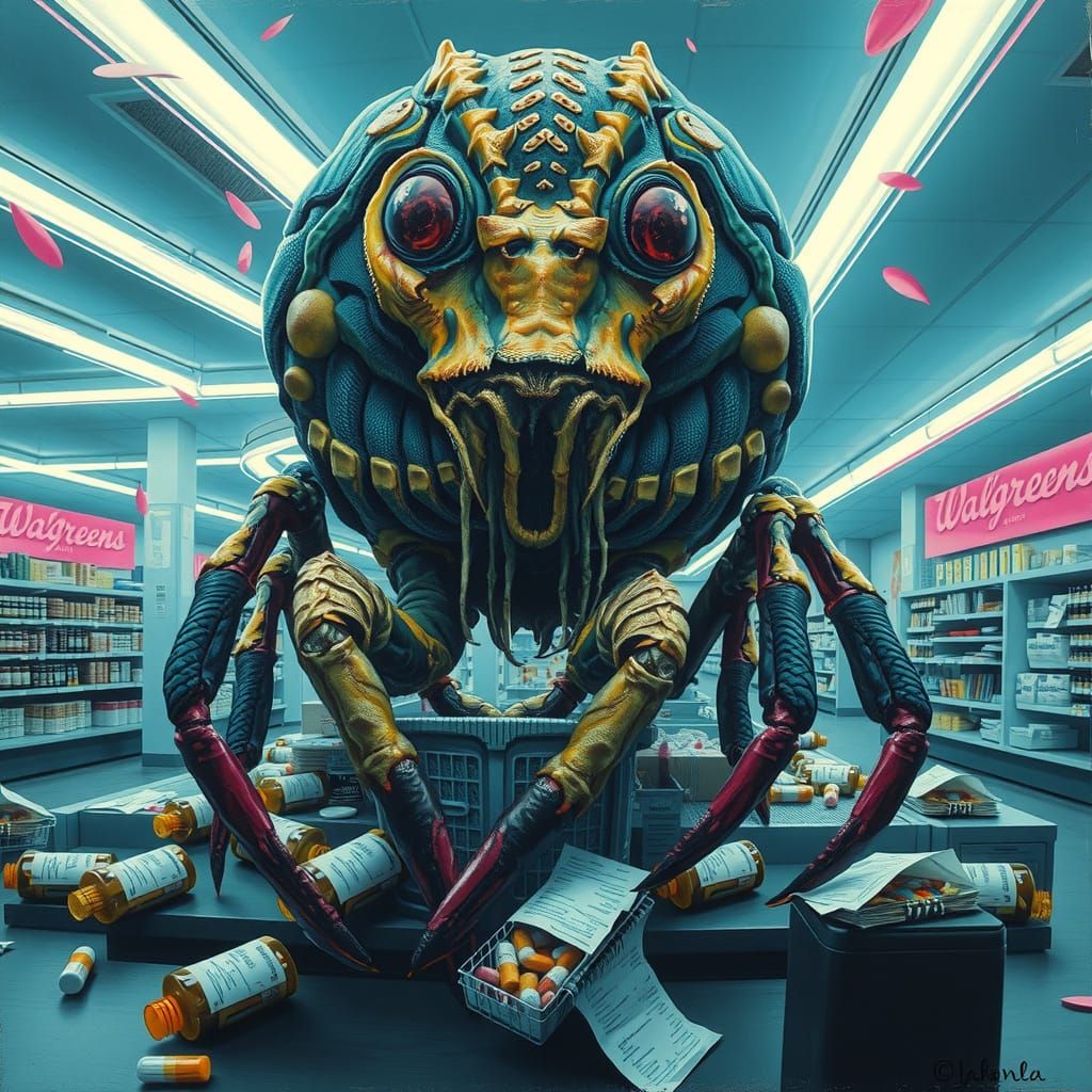 Eerie Crab Amidst Walgreen's Chaos in Vibrant Viridian and F...