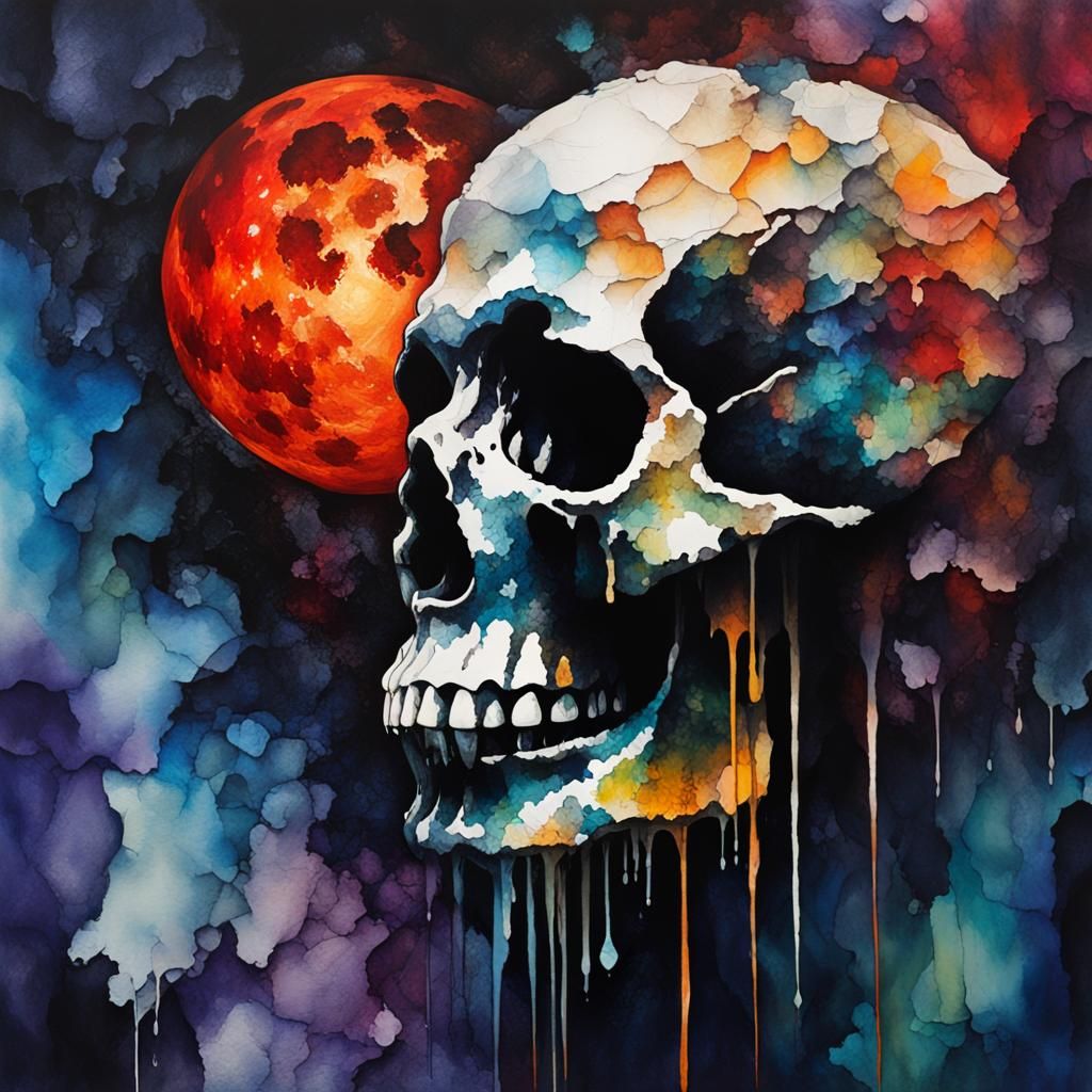 Eerie Skull Cavern in Alcohol Ink with Blood Moon