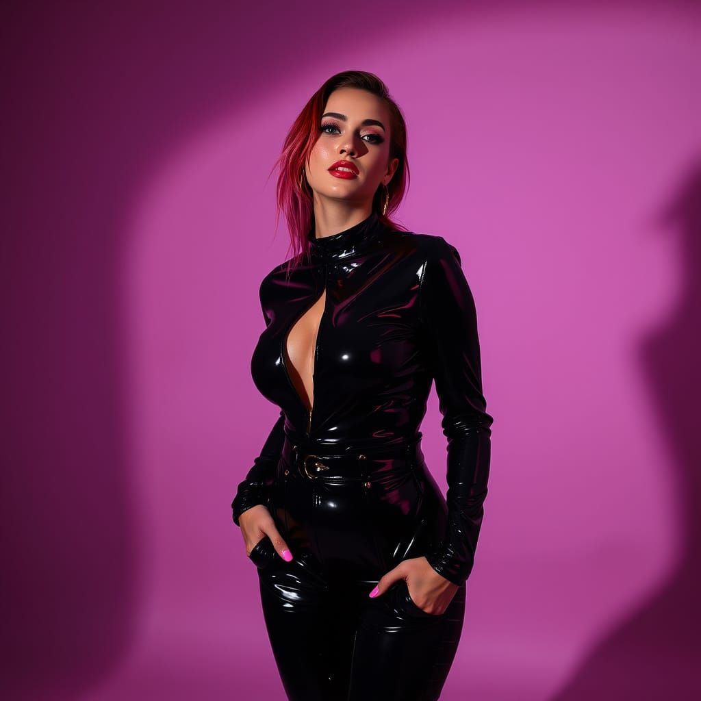 Woman in Black Latex Jumpsuit: Futuristic Digital Art