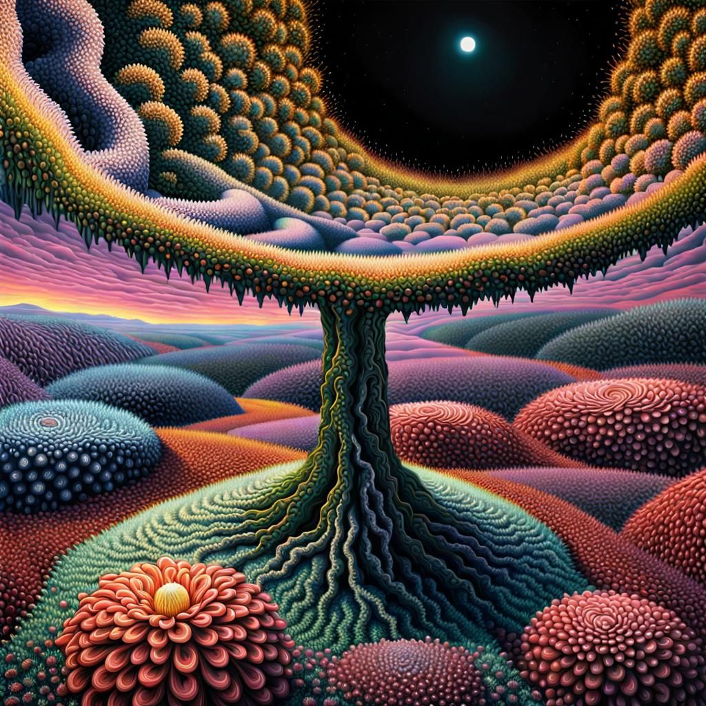 Surreal Blooming Flower in Pointillist Landscape