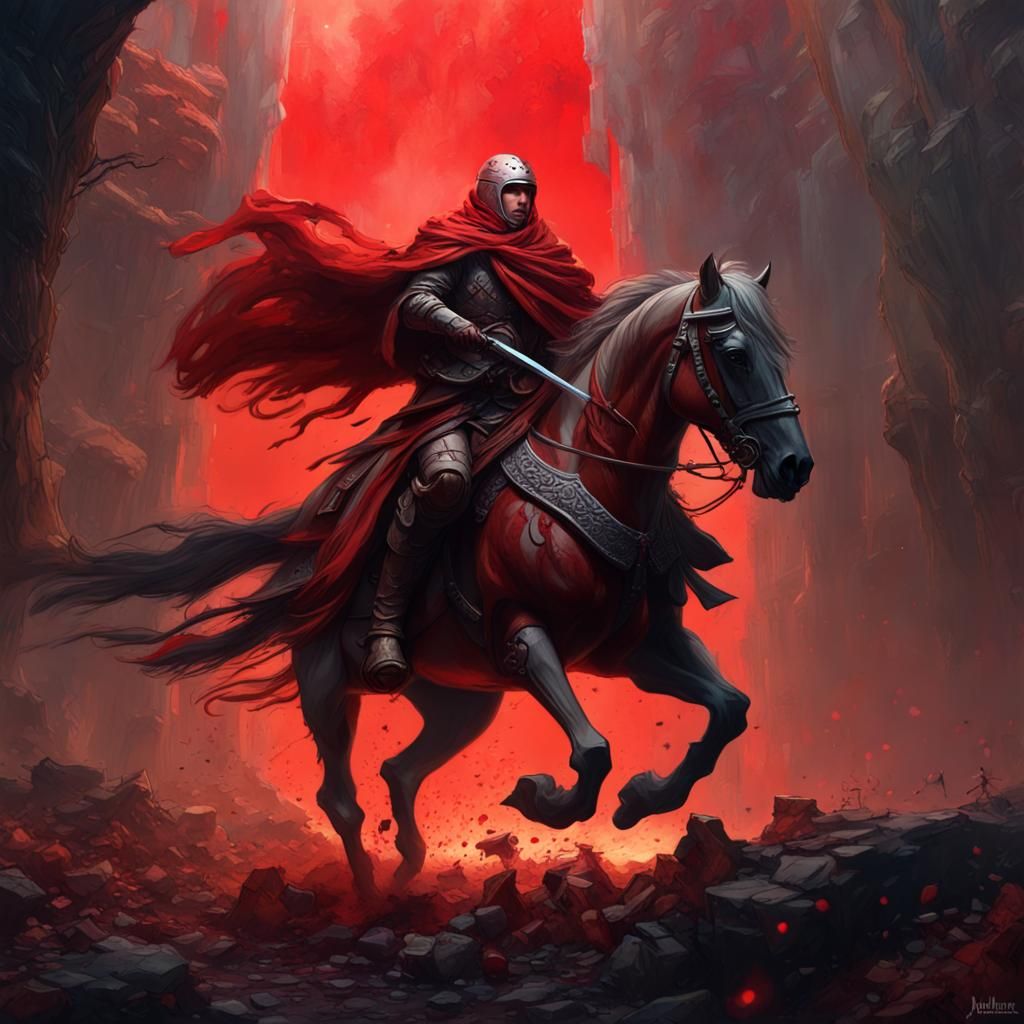 War Horseman on Red Horse: Dark Fantasy Art