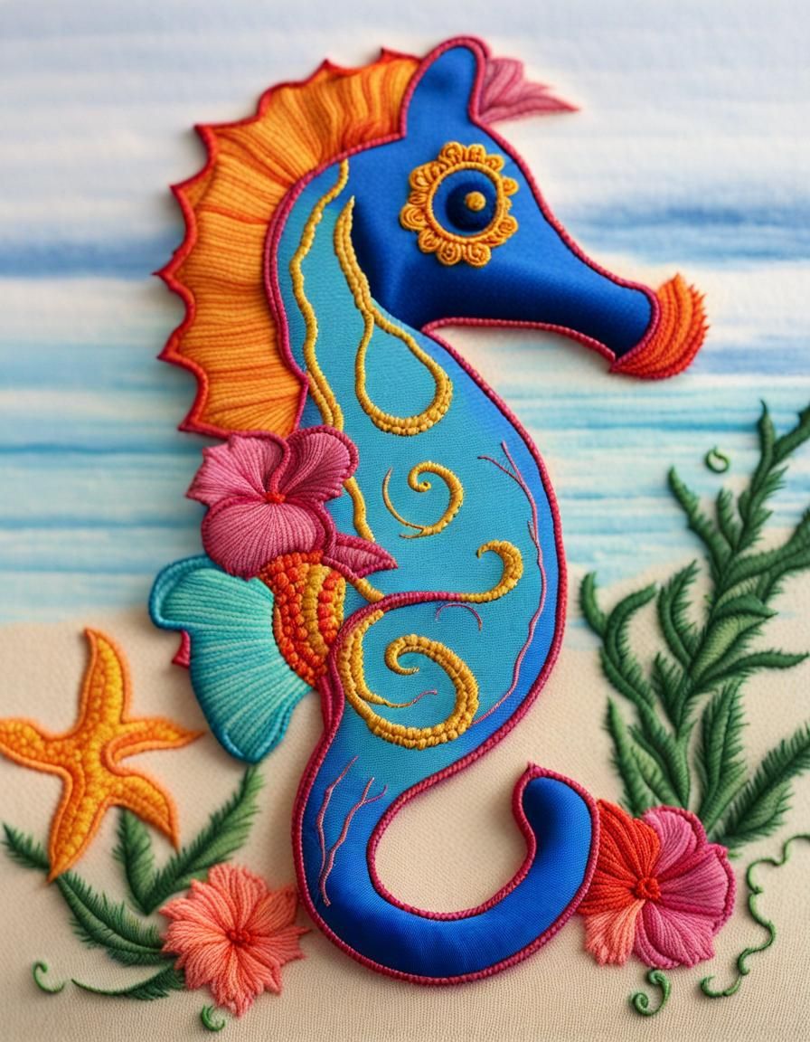 Vibrant Embroidered Seahorse in Imperial Colors