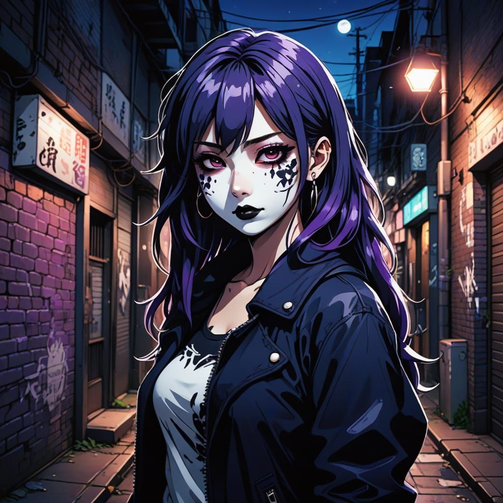 Goth Gyaru Anime Portrait in Deep Blues and Purples