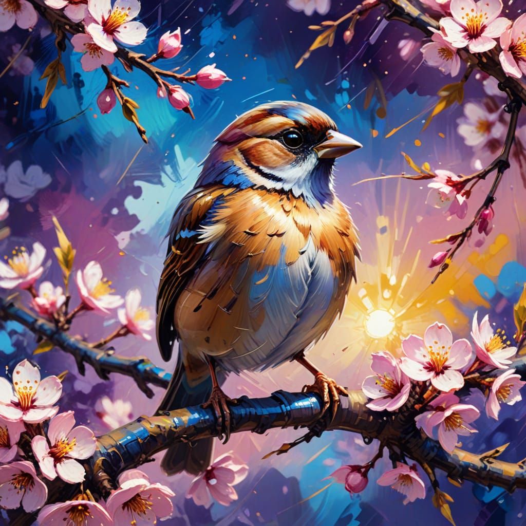 Sparrow in Cherry Orchard: Expressionist Impasto Painting