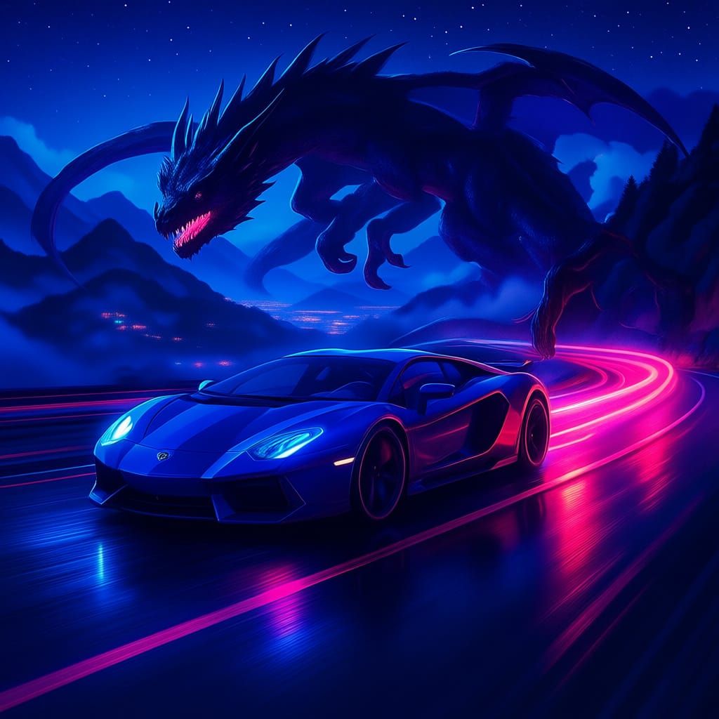 Cyberpunk Sports Car on Mountain Road at Night