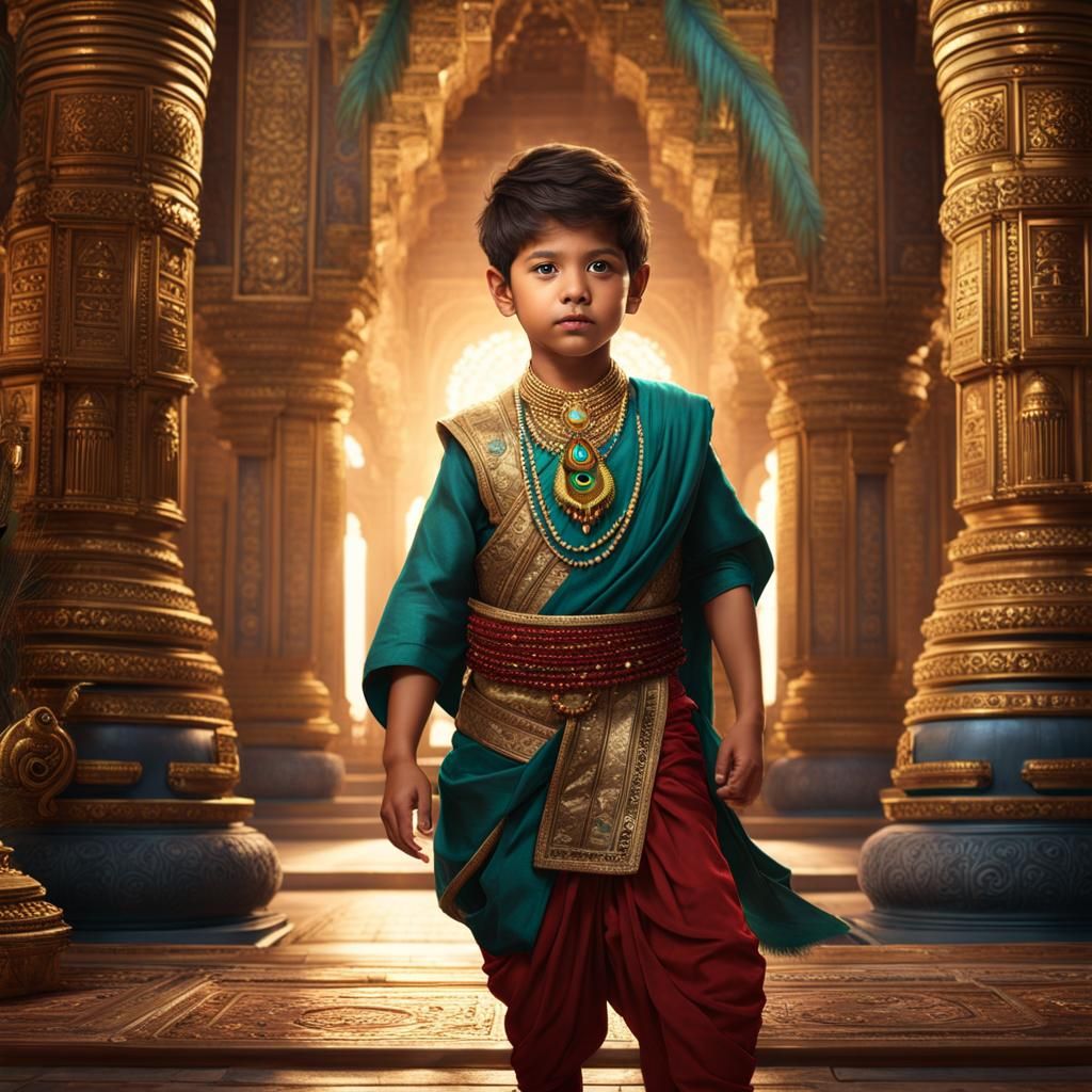 Boy in Dhoti Entering Temple: Detailed Matte Painting