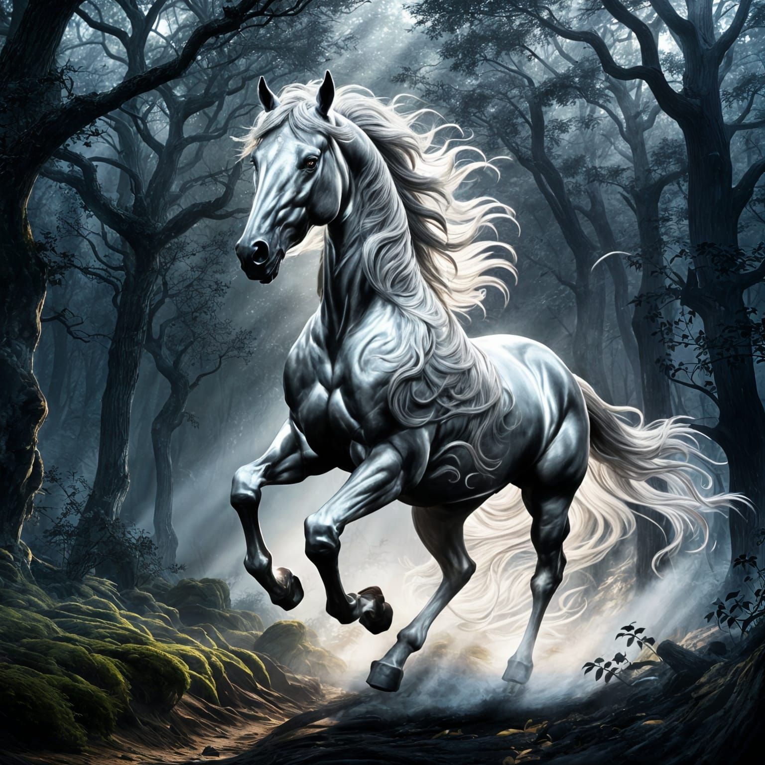 Radiant Silver Horse Escaping Dark Forest