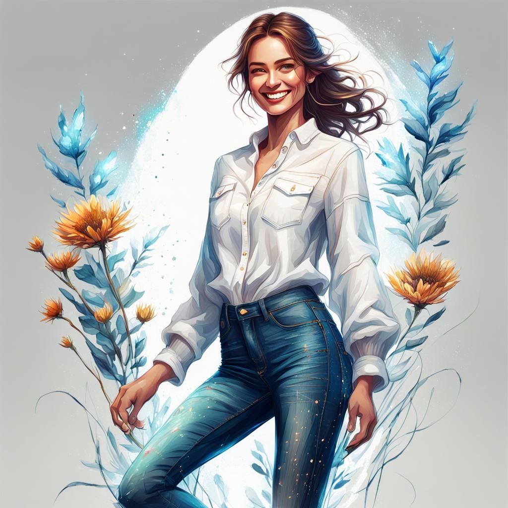 Smiling Girl in Jeans: Detailed Digital Illustration