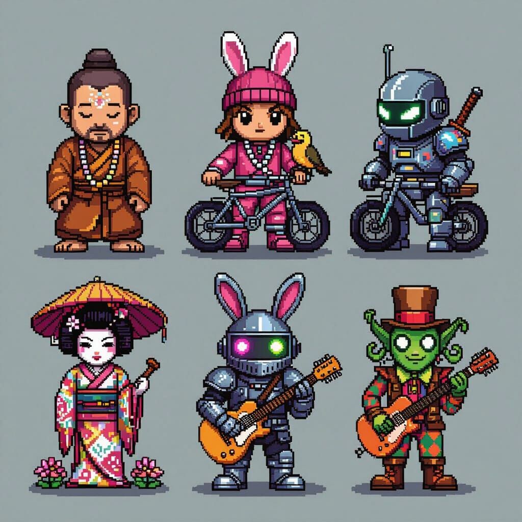 8-Bit Pixel BMX Characters: Monk, Robot, Knight & More