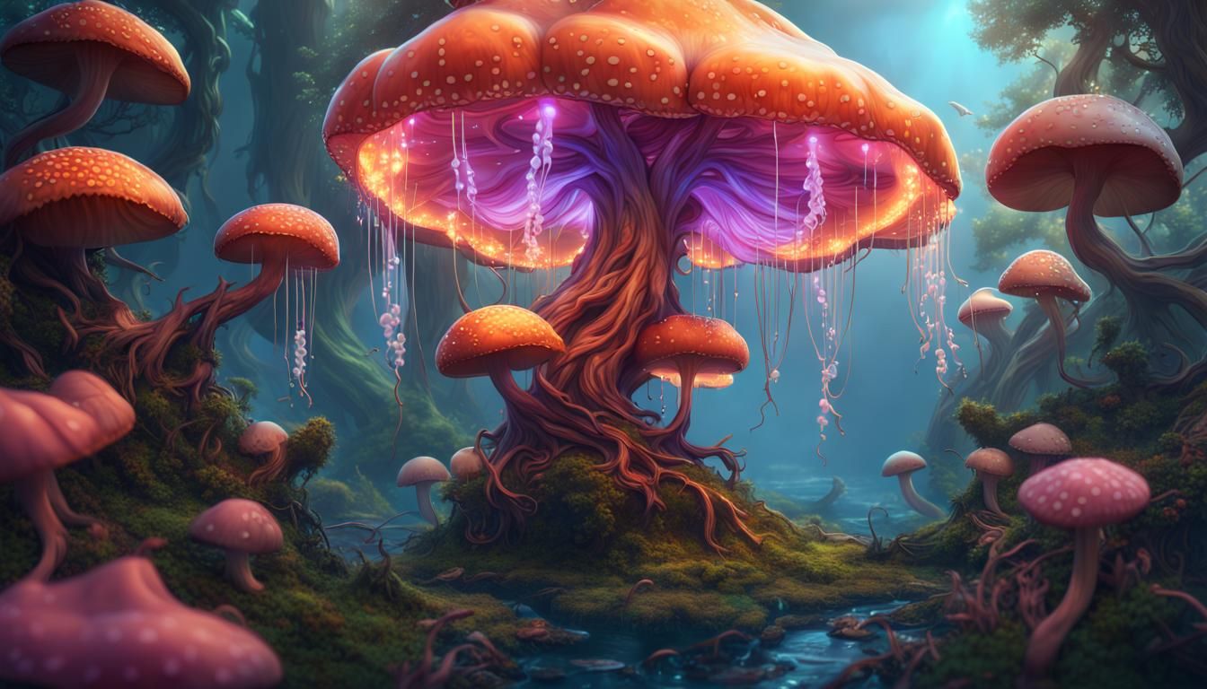 Luminous Mushroom Tree with Flying Jellyfish