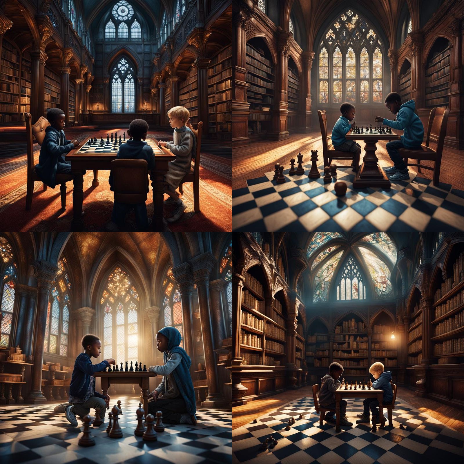Children Playing Chess in Gothic Library