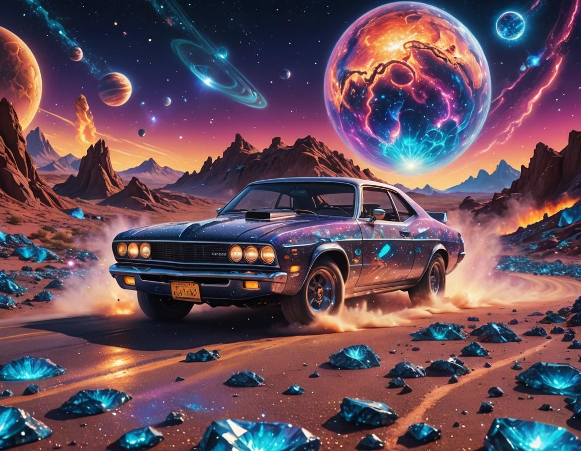 Drag Race Car on Diamond Planet, Surreal Space Art