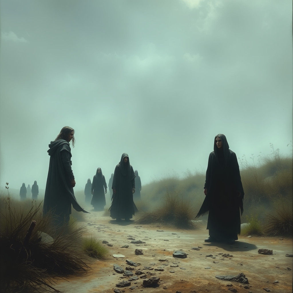 Ethereal Figures in a Windswept Landscape