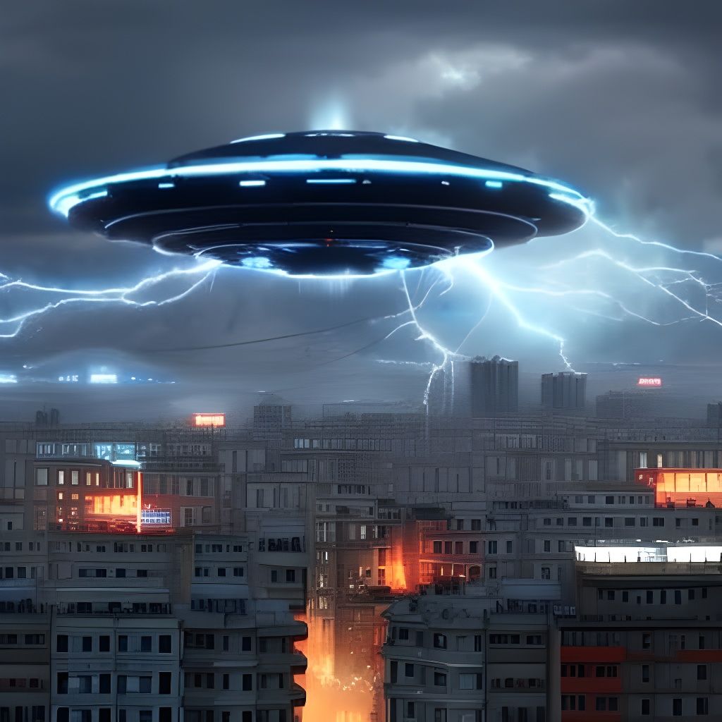UFO over City Square in Digital Art Style