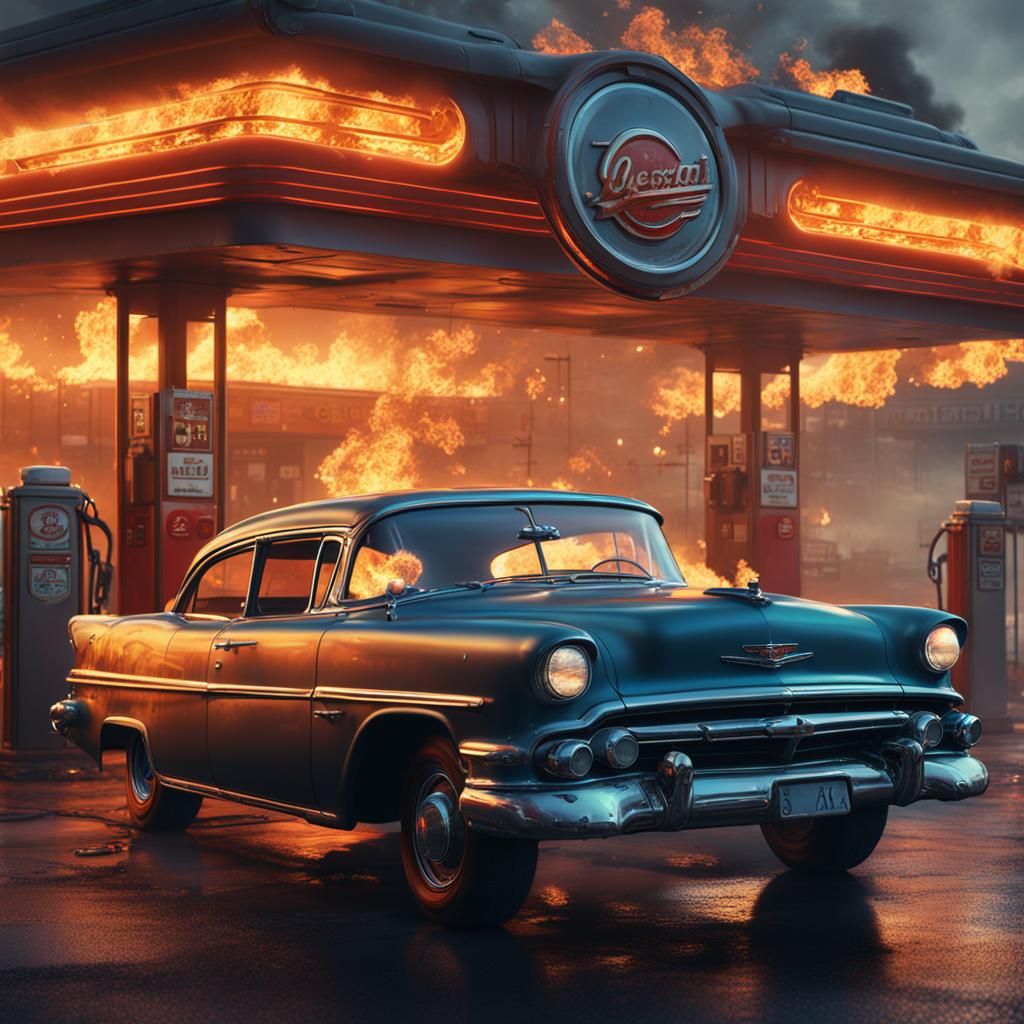 Burning Car at Gas Station: Detailed Matte Painting