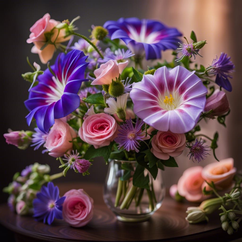 Floral Bouquet in Glass Vase, Natural Lighting