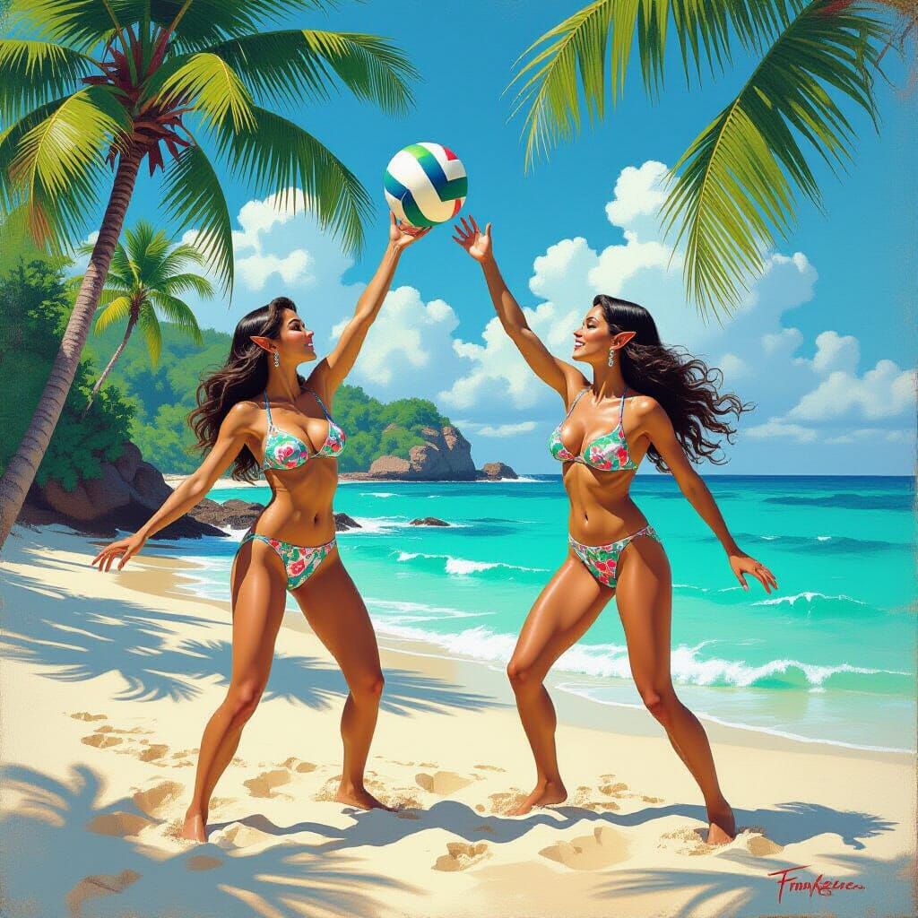 Elven Beach Volleyball in Fantasy Art Style