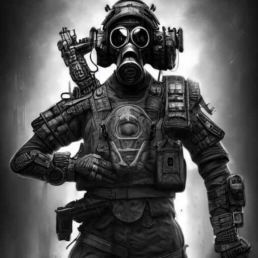 High-Tech Soldier with Skull Gas Mask in Matte Painting Styl...