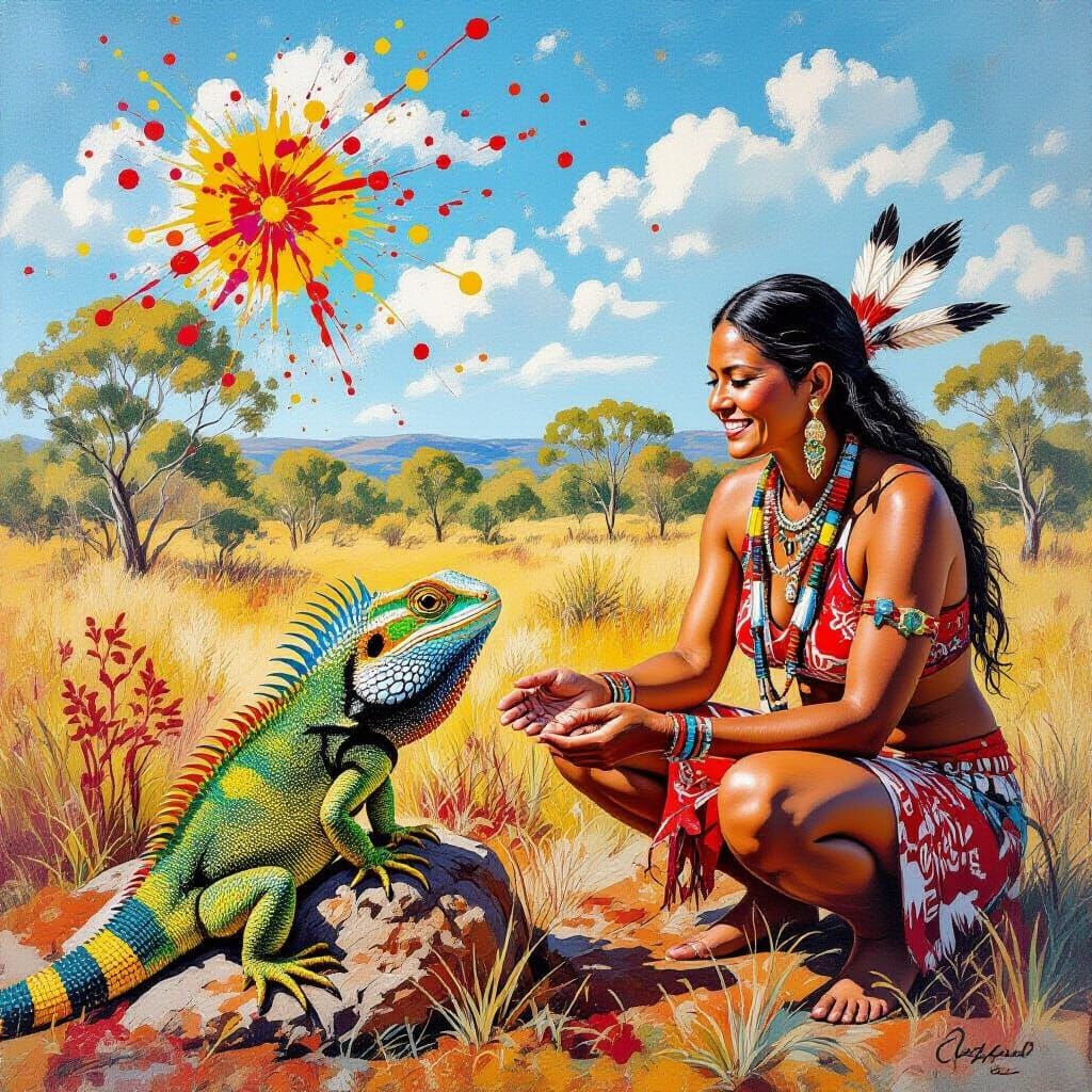 Aboriginal Woman with Dragon Lizard in Australian Folk Art