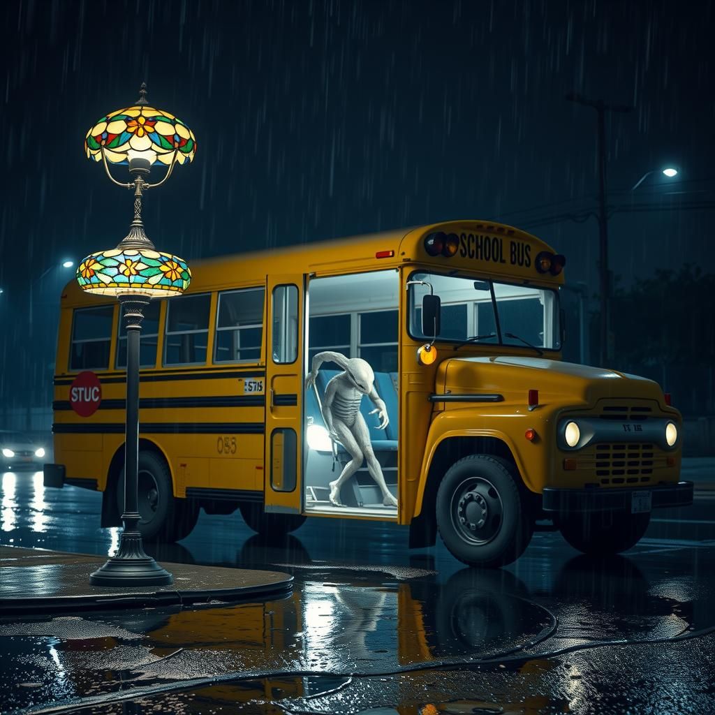 Surreal School Bus with Tiffany Lamp in Rainy Street