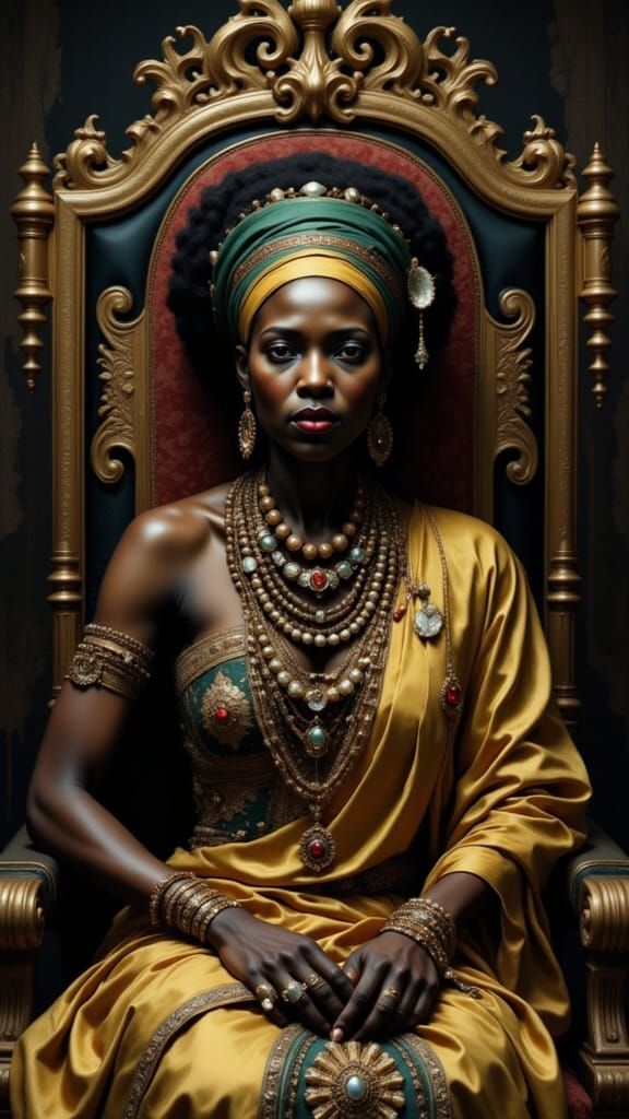 Regal Nubian Queen Sits Majestically on Ornate Throne