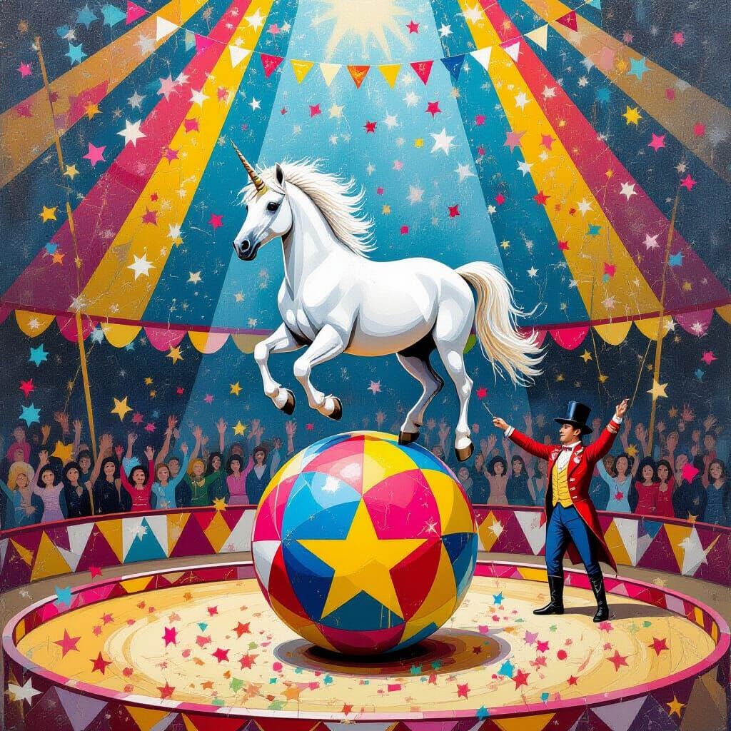 Circus Pony Balancing on Ball with Swirling Confetti